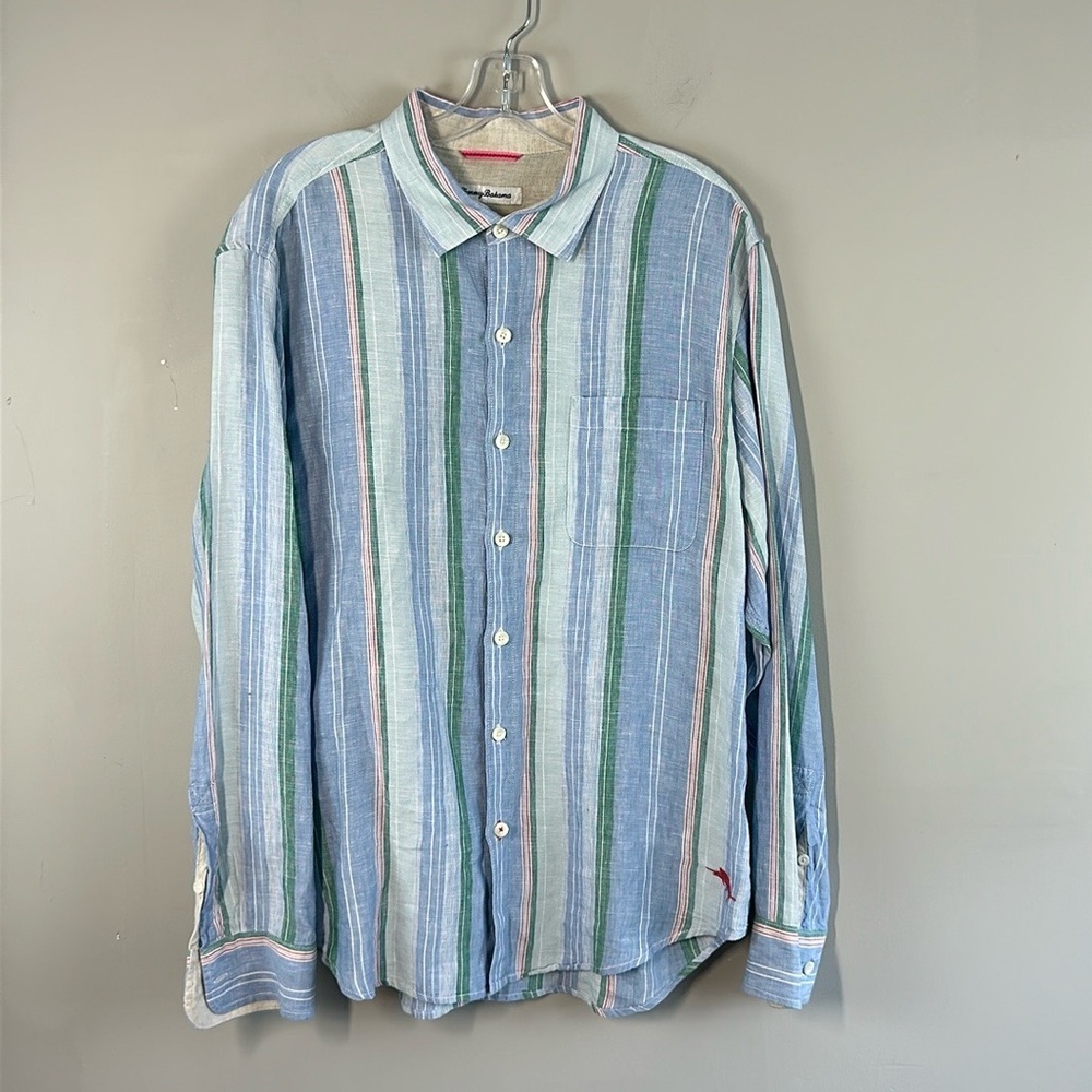 Tommy Bahama Men’s Break Line 100% Linen Striped Button Down Shirt Large Beachy